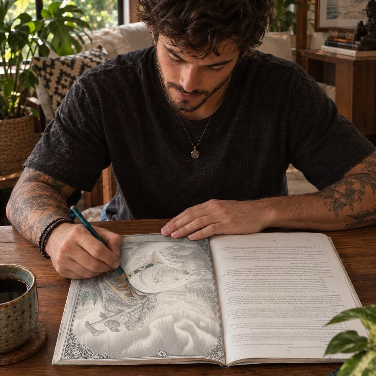 Homem colorindo uma ilustração do livro com lápis de cor, sobre uma mesa de madeira