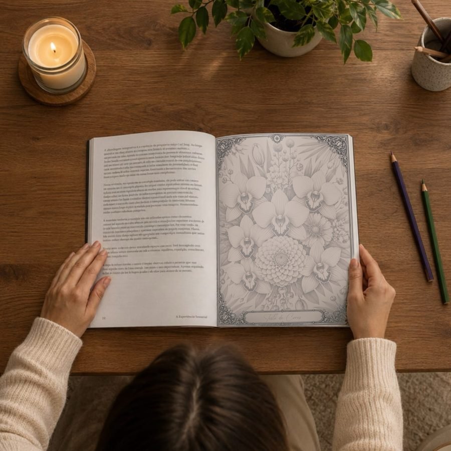 Leitora com o livro aberto na mandala floral da etapa da natureza