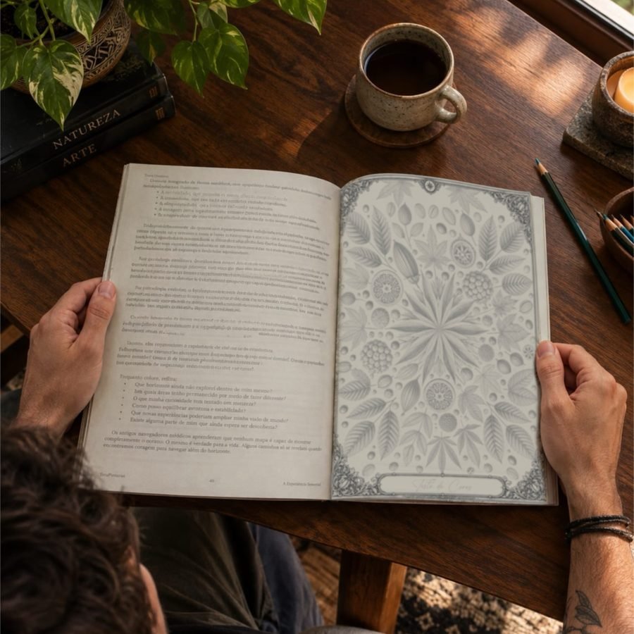 Leitor com o livro aberto na mandala de folhas e sementes