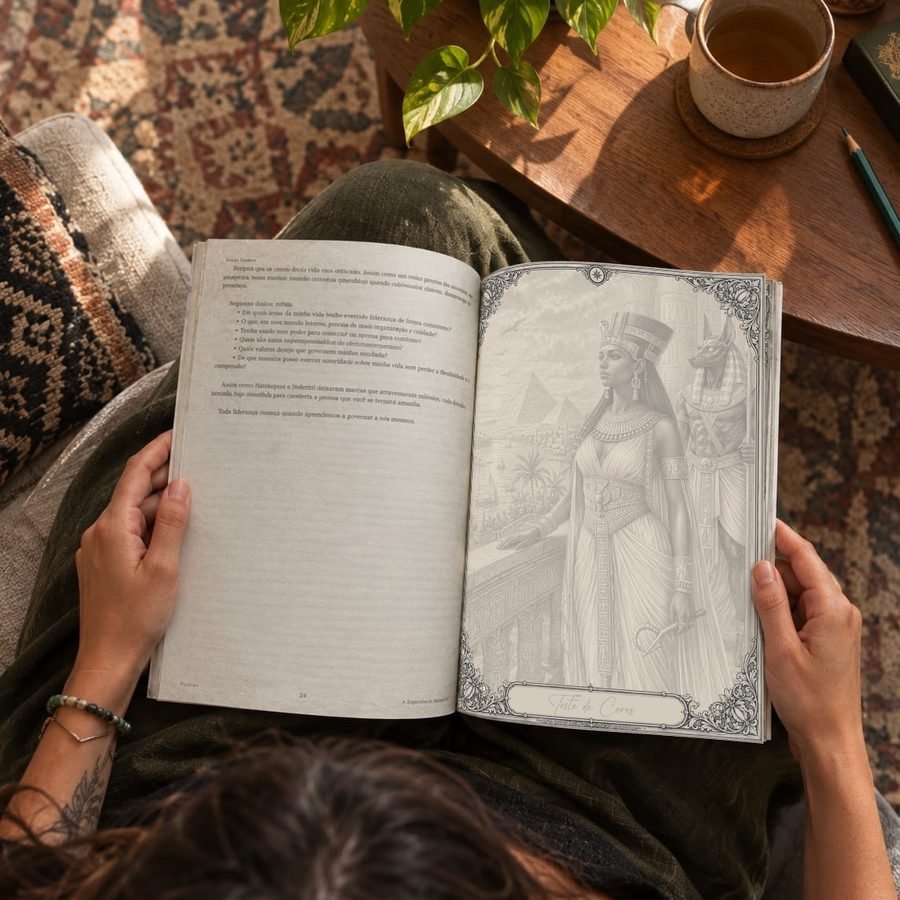 Leitora com o livro aberto em uma ilustração arquetípica de rainha