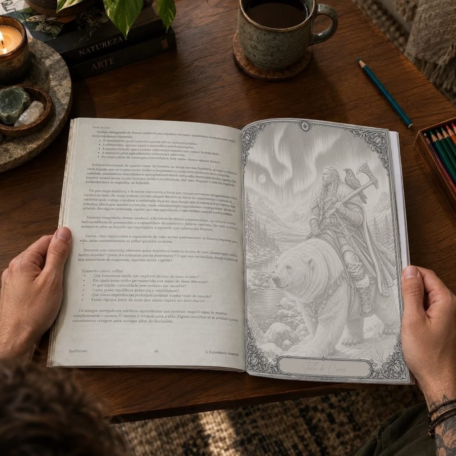 Leitor com o livro aberto na ilustração nórdica do Rebelde